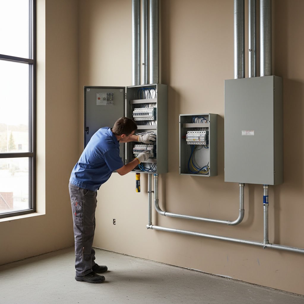 Electrician installing breaker panel in multi-family building utility room
