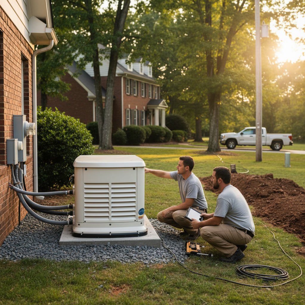 whole home generator installation on concrete pad in North Carolina