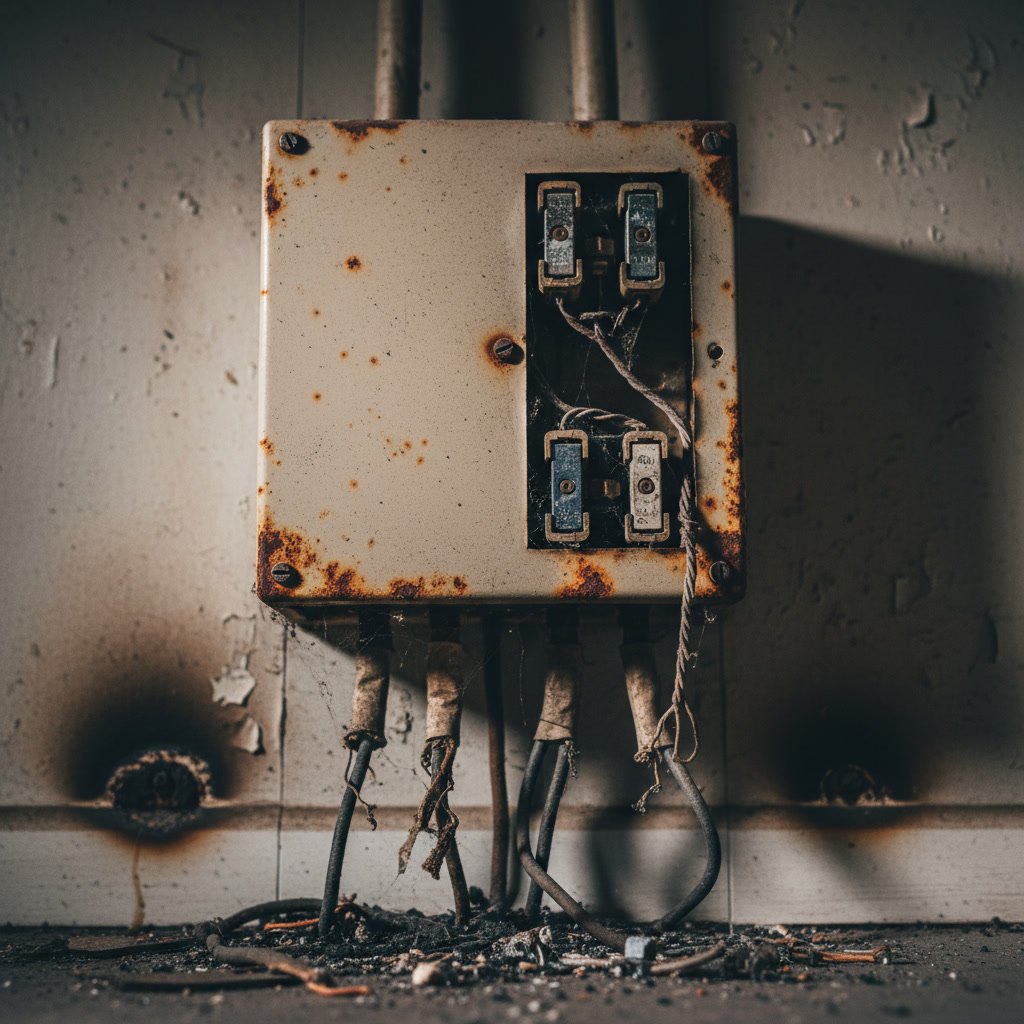 Electrical service panel showing outdated breakers and warning signs of needed upgrade
