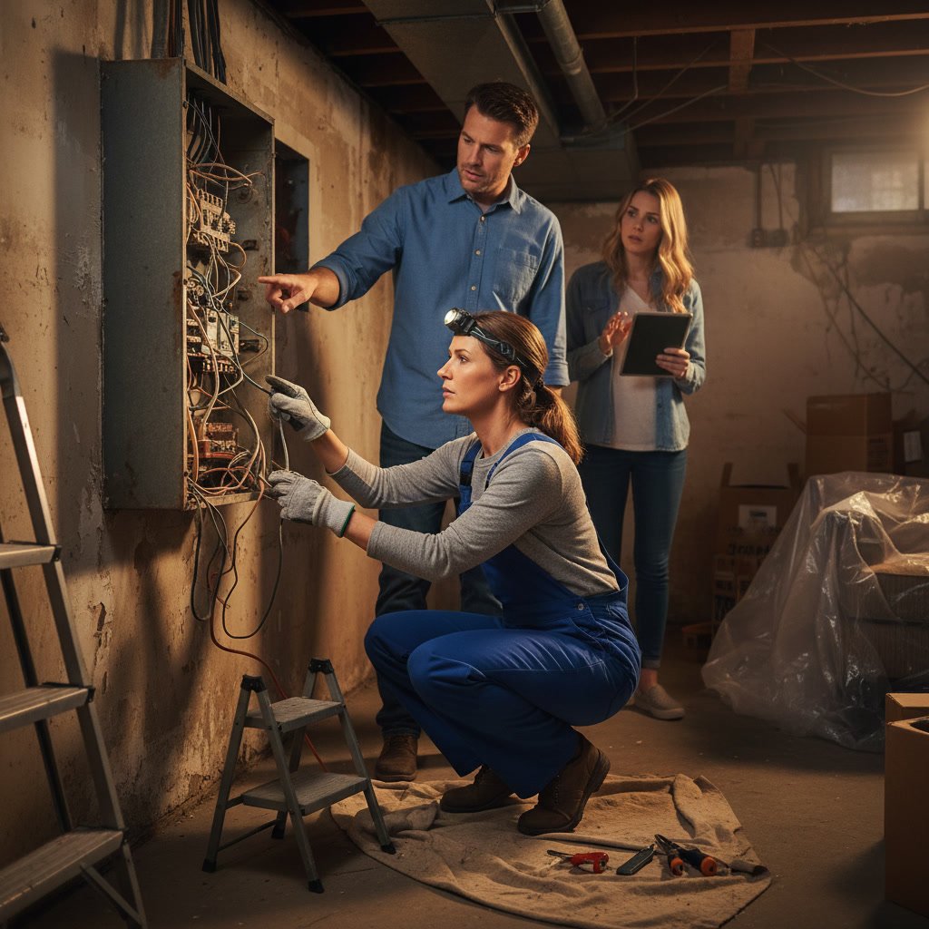 Licensed electrician inspecting residential electrical panel during safety inspection