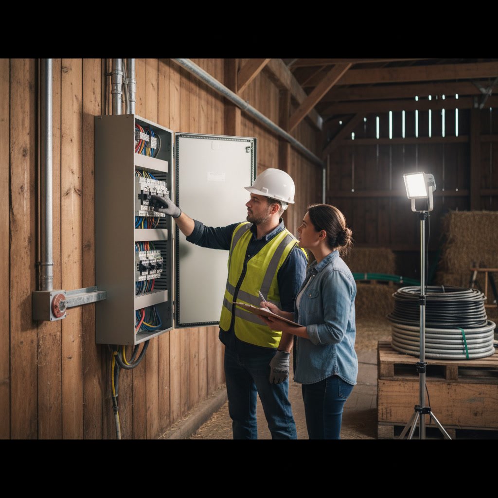 Farm electrical planning showing proper service panel installation location