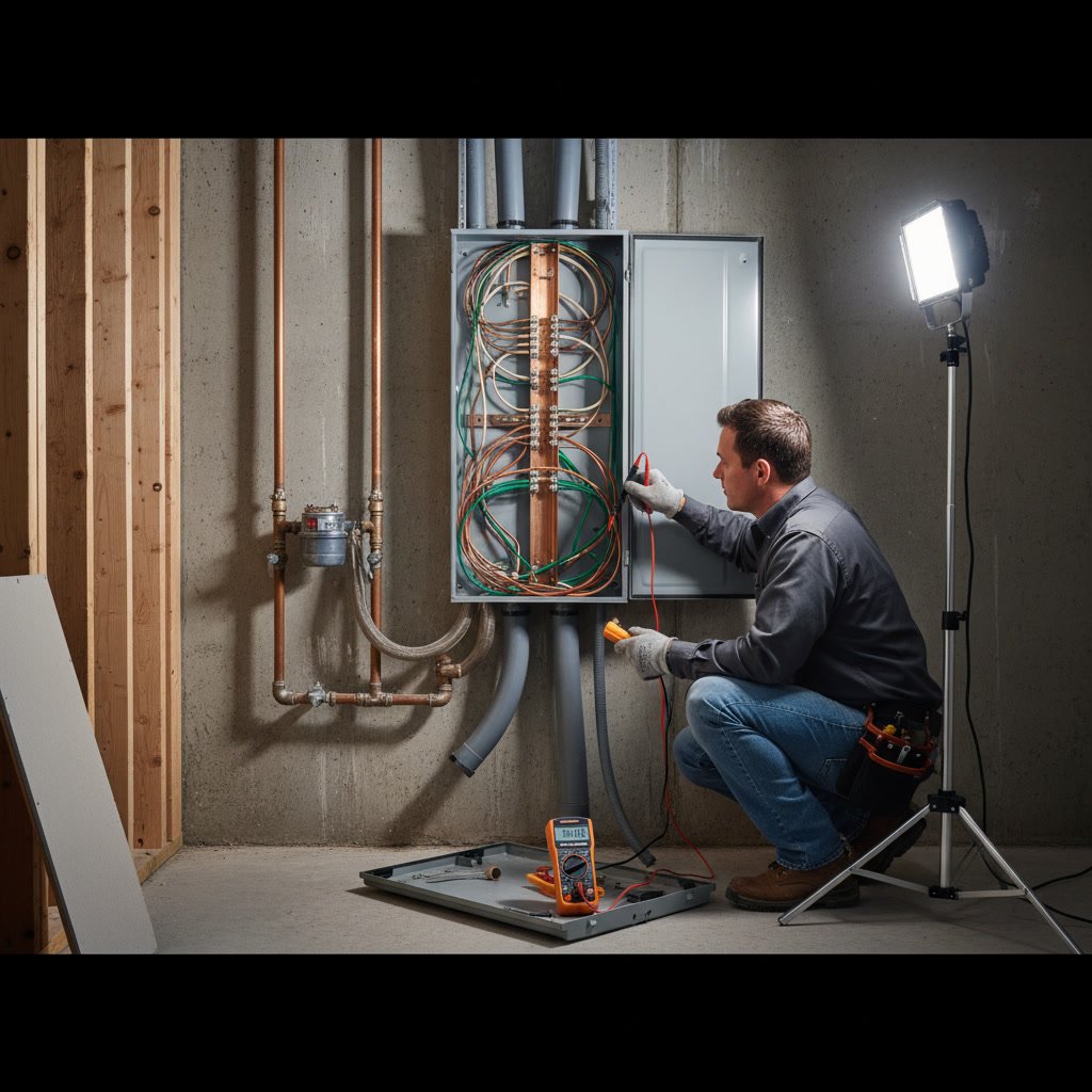 Electrician testing outlet with voltage meter during home electrical inspection