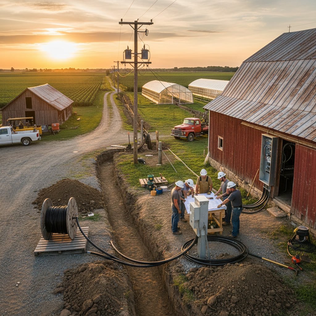 Agricultural electrical service showing proper 200 amp installation for farm operations