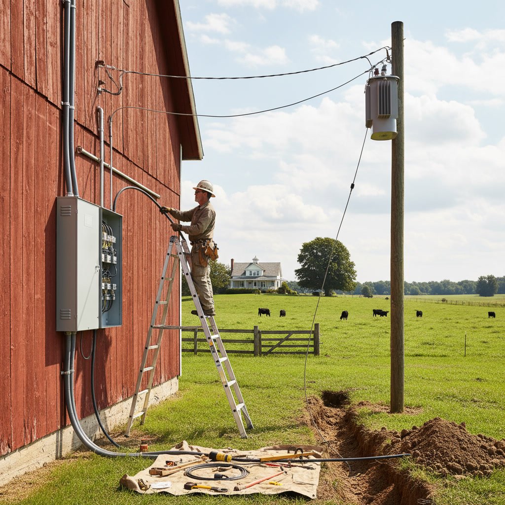 Professional electrician preparing farm electrical service upgrade to 200 amp capacity