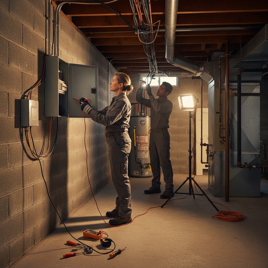 Professional electrician performing residential electrical safety inspection with testing equipment