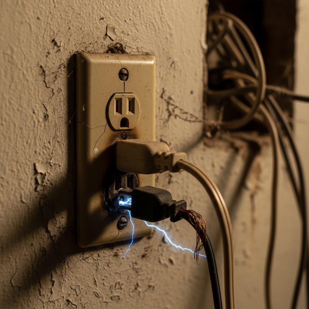 Outdated two-prong electrical outlet in older home showing wear and discoloration