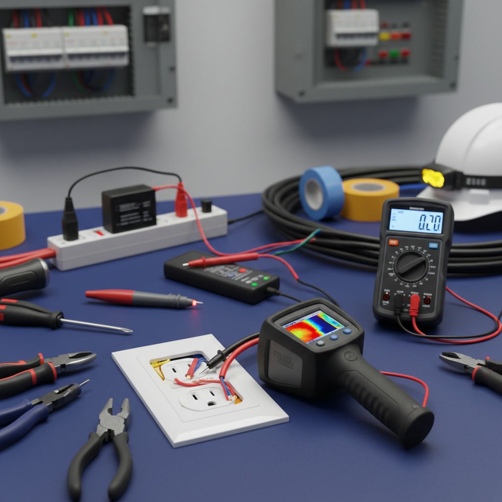 Electrician using thermal imaging camera to detect hot spots in electrical panel during residential electrical