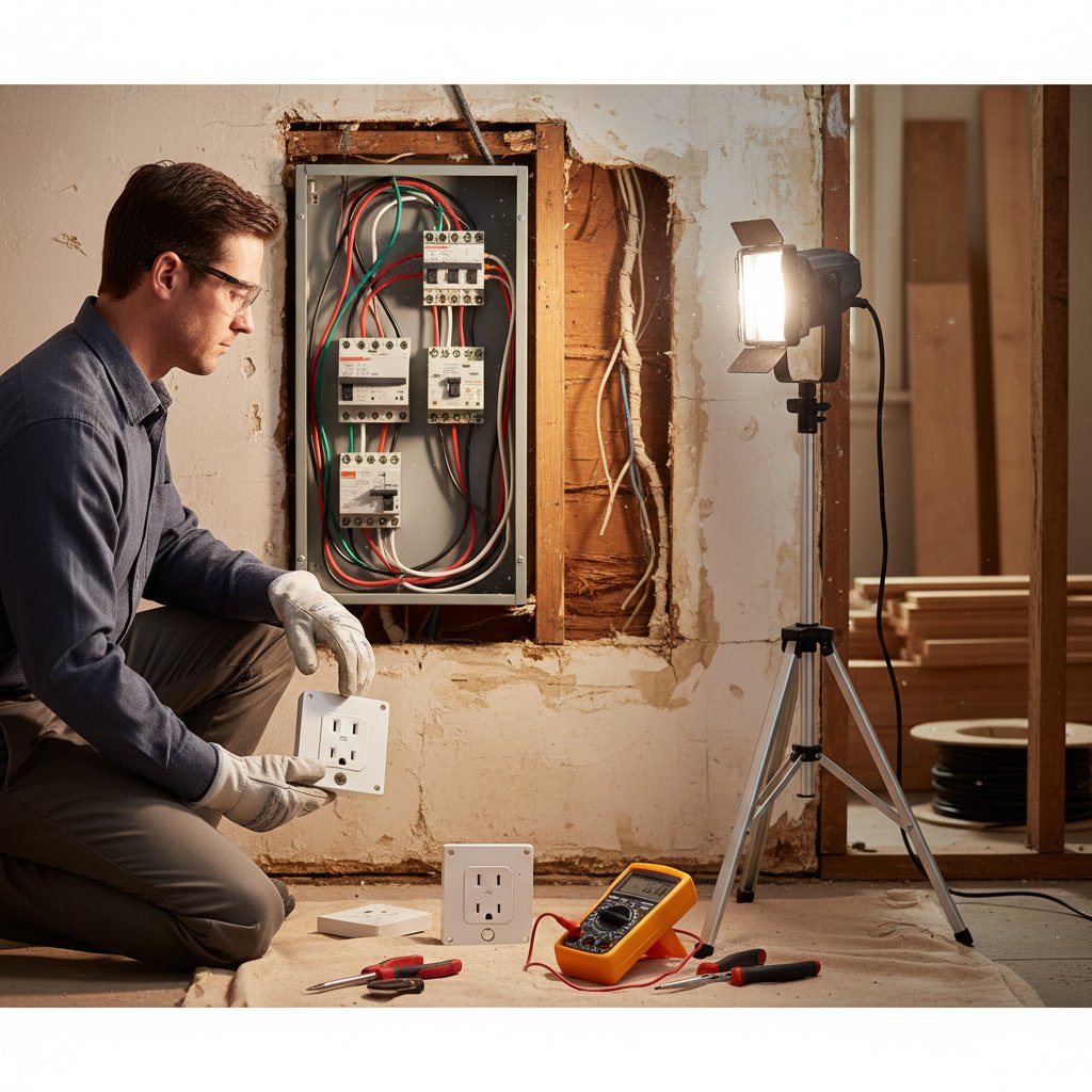 Professional electrician installing GFCI outlet in older home
