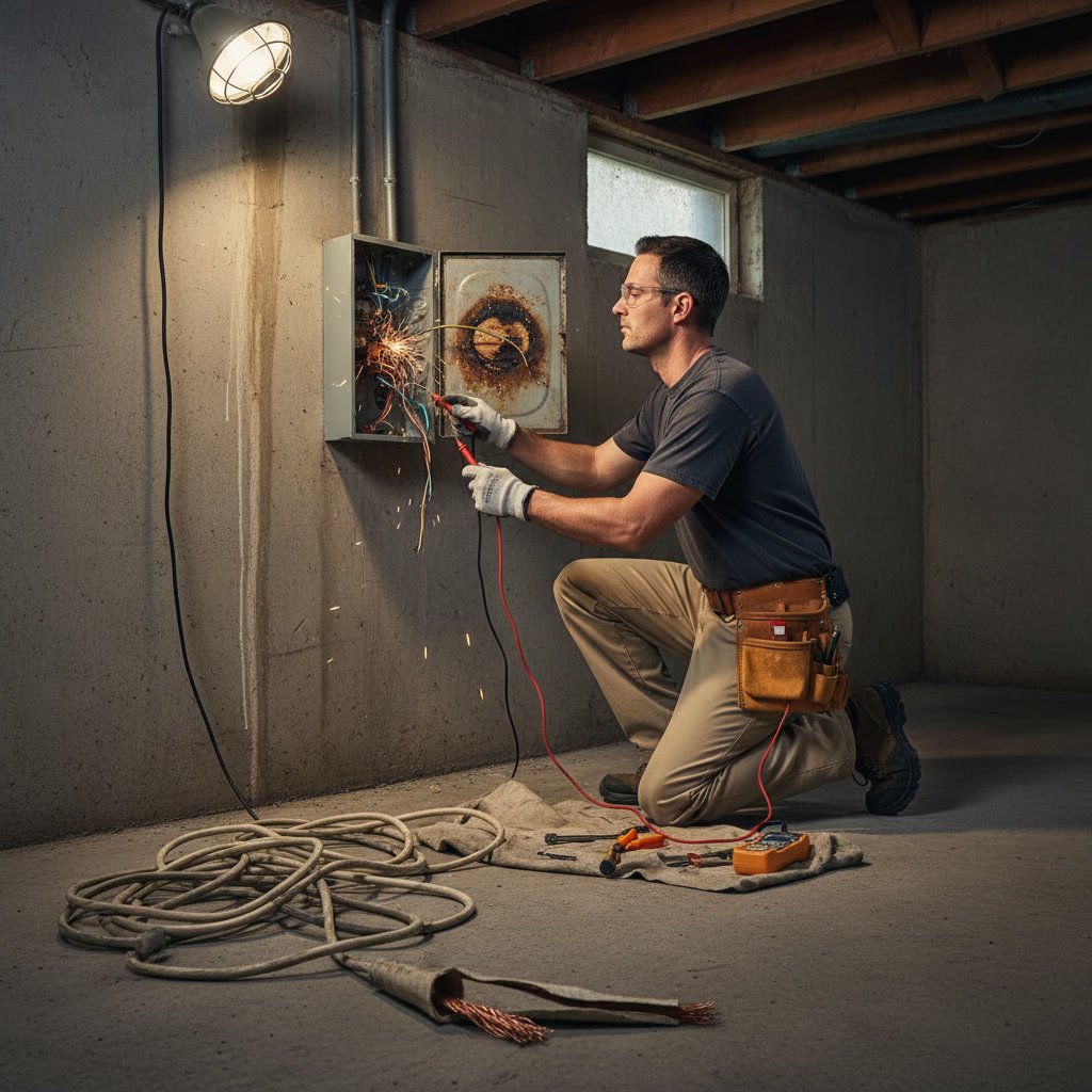 Licensed electrician performing electrical panel inspection and testing