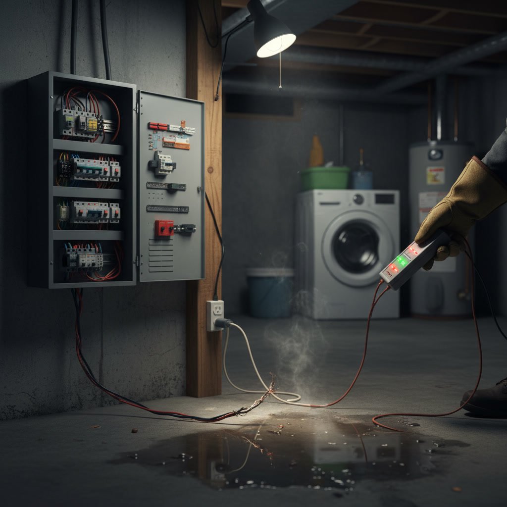 Electrician testing GFCI outlet function with digital meter to verify ground fault protection