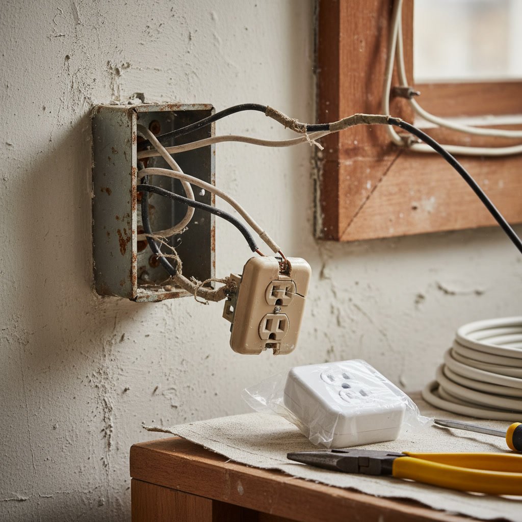 Comparison of old two-prong outlet and new GFCI outlet installation