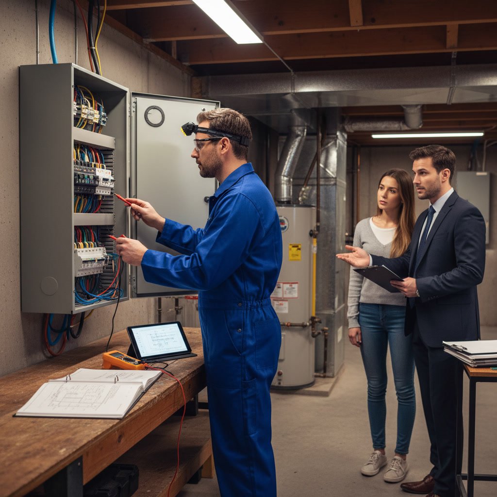Licensed electrician documenting test results and electrical panel conditions for homeowner safety report