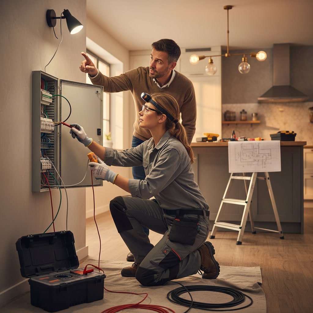 Professional electrician performing diagnostic work during residential electrical repair service call