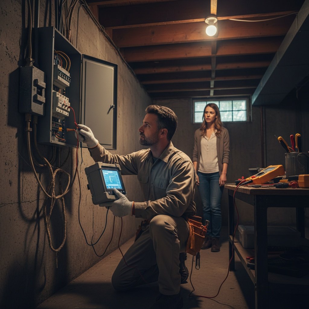 Professional electrician performing comprehensive residential electrical testing in home electrical panel